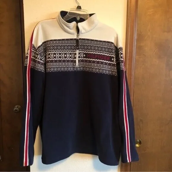 Tommy Hilfiger Mens Vintage Fleece Knit Navy Ski 1/4 Zip Pullover Jacket Sweater - Picture 2 of 15